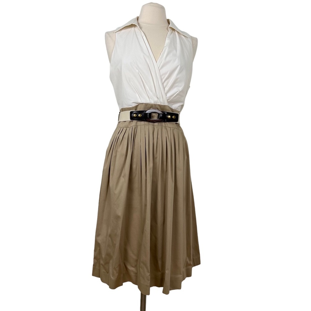 Vintage Evan Picone Ivory & Beige Deep V-Neck Marilyn Dress Sz 14